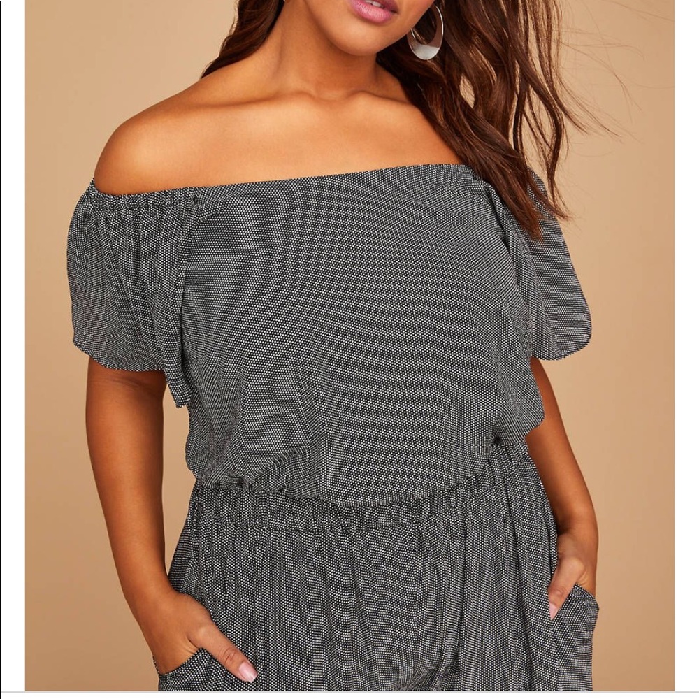 Polka dot off the shoulder jumpsuit.